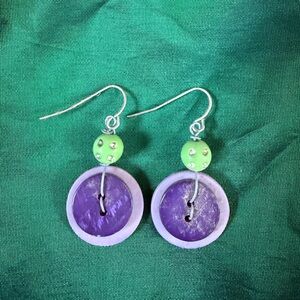 Purple and Green Vintage Button Dangle Earrings